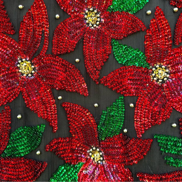 Vintage 80s Silk and Sequins Party Poinsettia Top - Picture 6 of 10